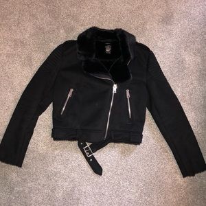 Zara Black Suede Biker Jacket w/Fur Interior M